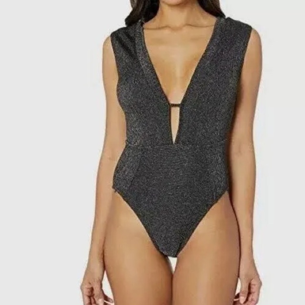 Kenneth Cole New York Metallic Black Deep V One-Piece Swimsuit
